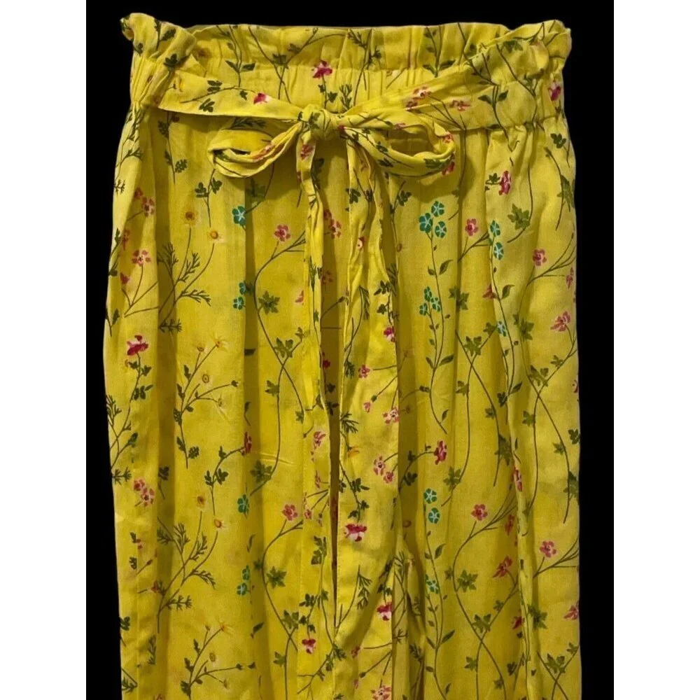 Rare Edition Girls Straight Leg Pants Size 12 Yellow Floral Print Tie Elastic